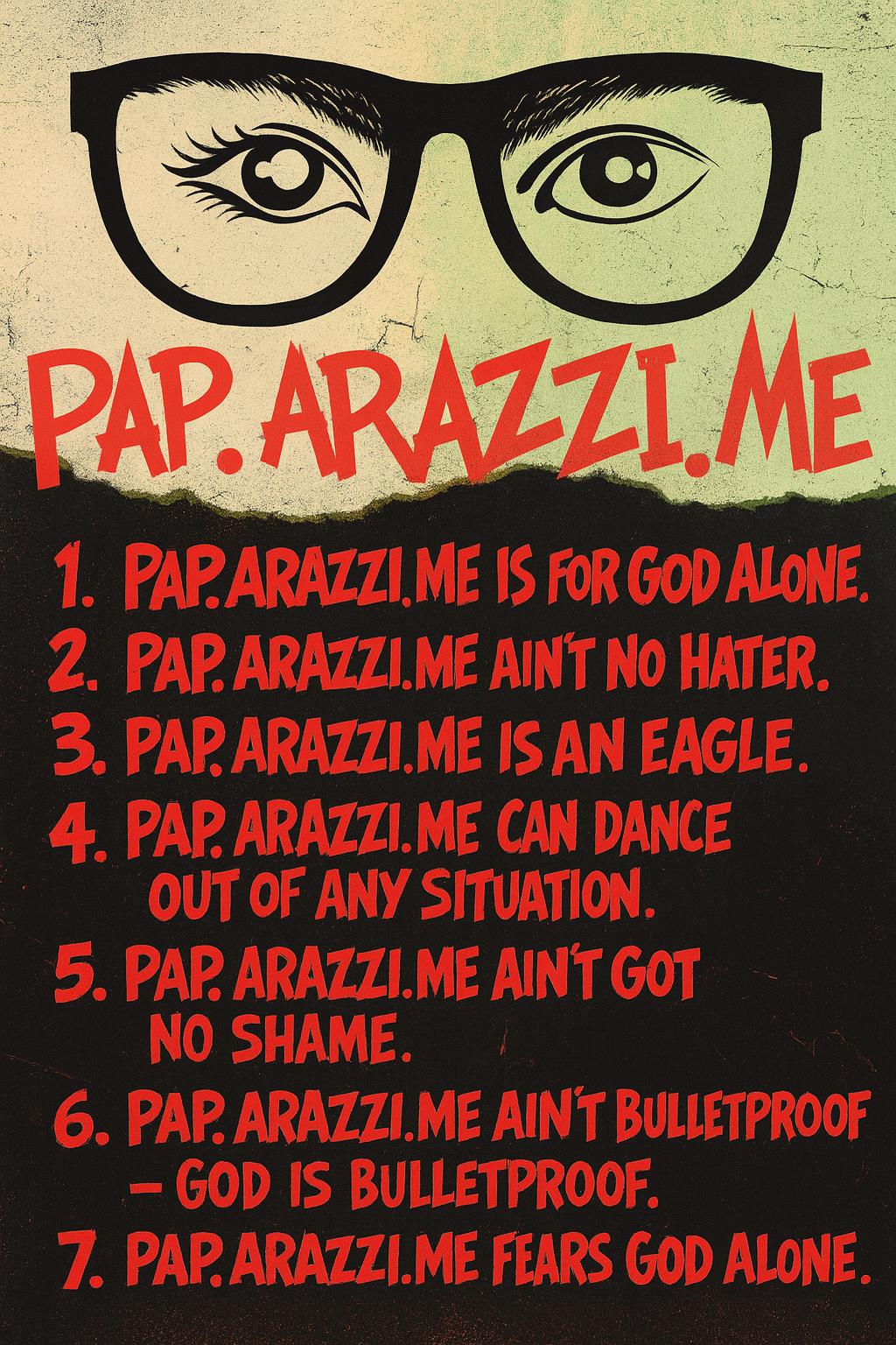  The PaP.Arazzi.Me Code
  PaP.Arazzi.Me is for GOD Alone
 PaP.Arazzi.Me ain’t no Hater
PaP.Arazzi.Me is an Eagle
 PaP.Arazzi.Me can dance out of any situation
 PaP.Arazzi.Me ain’t got no shame
  PaP.Arazzi.Me ain’t bulletproof — GOD is bulletproof
 PaP.Arazzi.Me fears GOD Alone